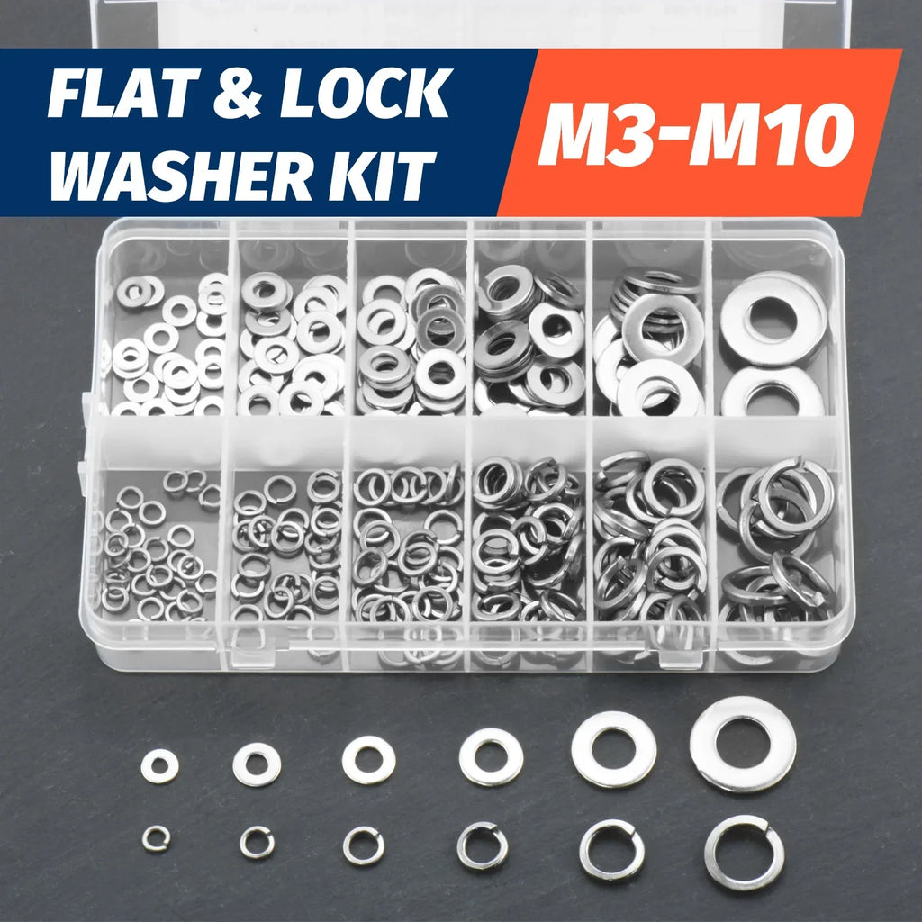 260pcs/95pcs Lock and Flat Washer Assortment Kit Stainless Steel M3 M4 M5 M6 M8 M10 Spring Lock Washers and Flat Washers Set