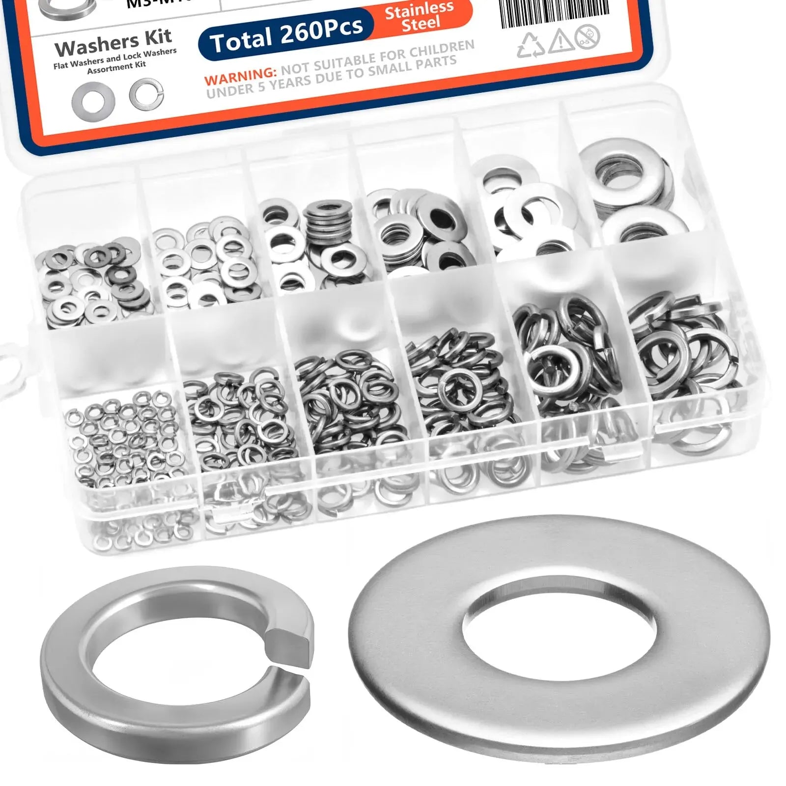 260pcs/95pcs Lock and Flat Washer Assortment Kit Stainless Steel M3 M4 M5 M6 M8 M10 Spring Lock Washers and Flat Washers Set