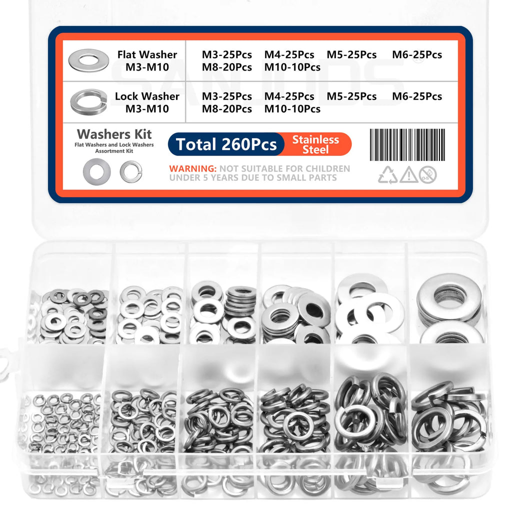 260pcs/95pcs Lock and Flat Washer Assortment Kit Stainless Steel M3 M4 M5 M6 M8 M10 Spring Lock Washers and Flat Washers Set