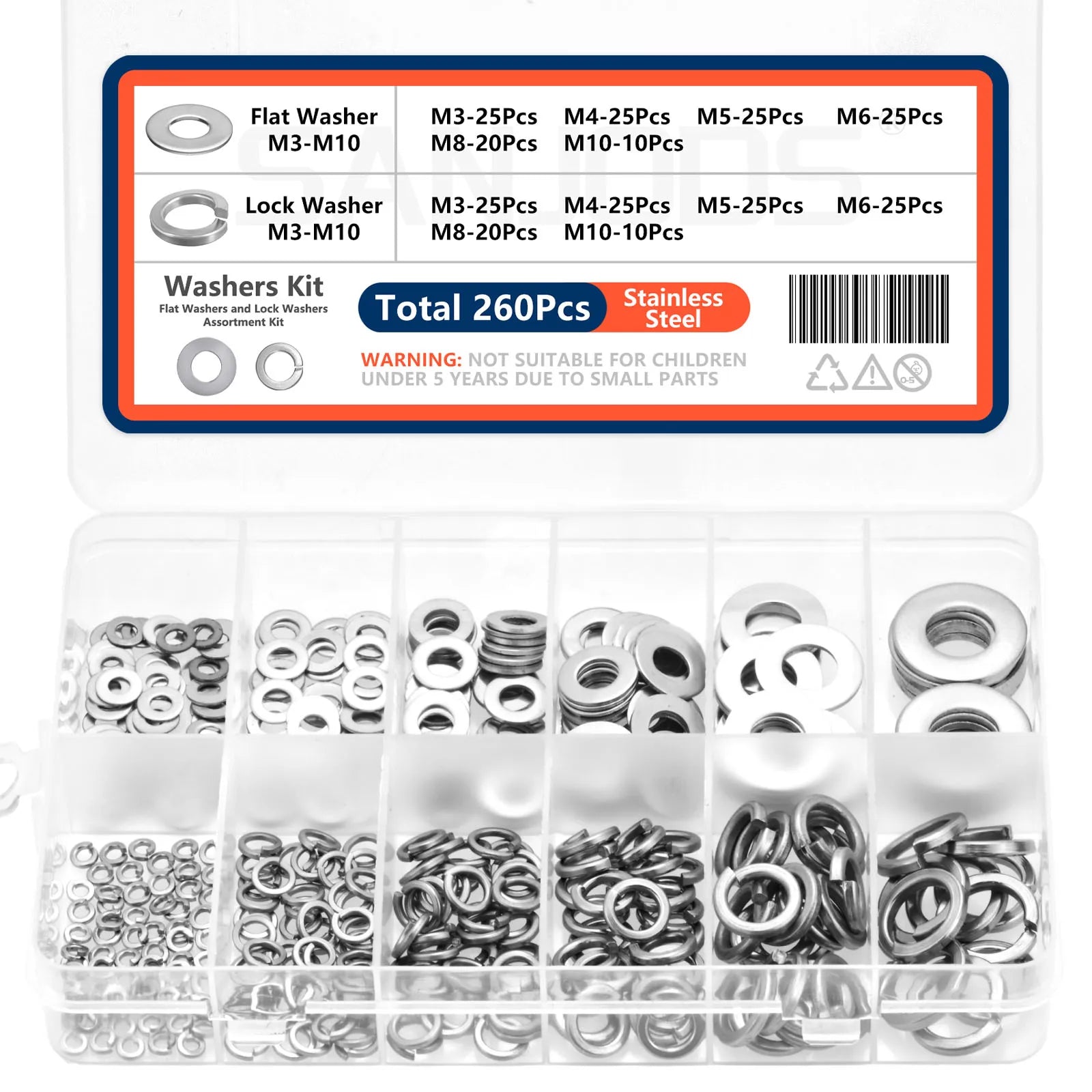 260pcs/95pcs Lock and Flat Washer Assortment Kit Stainless Steel M3 M4 M5 M6 M8 M10 Spring Lock Washers and Flat Washers Set