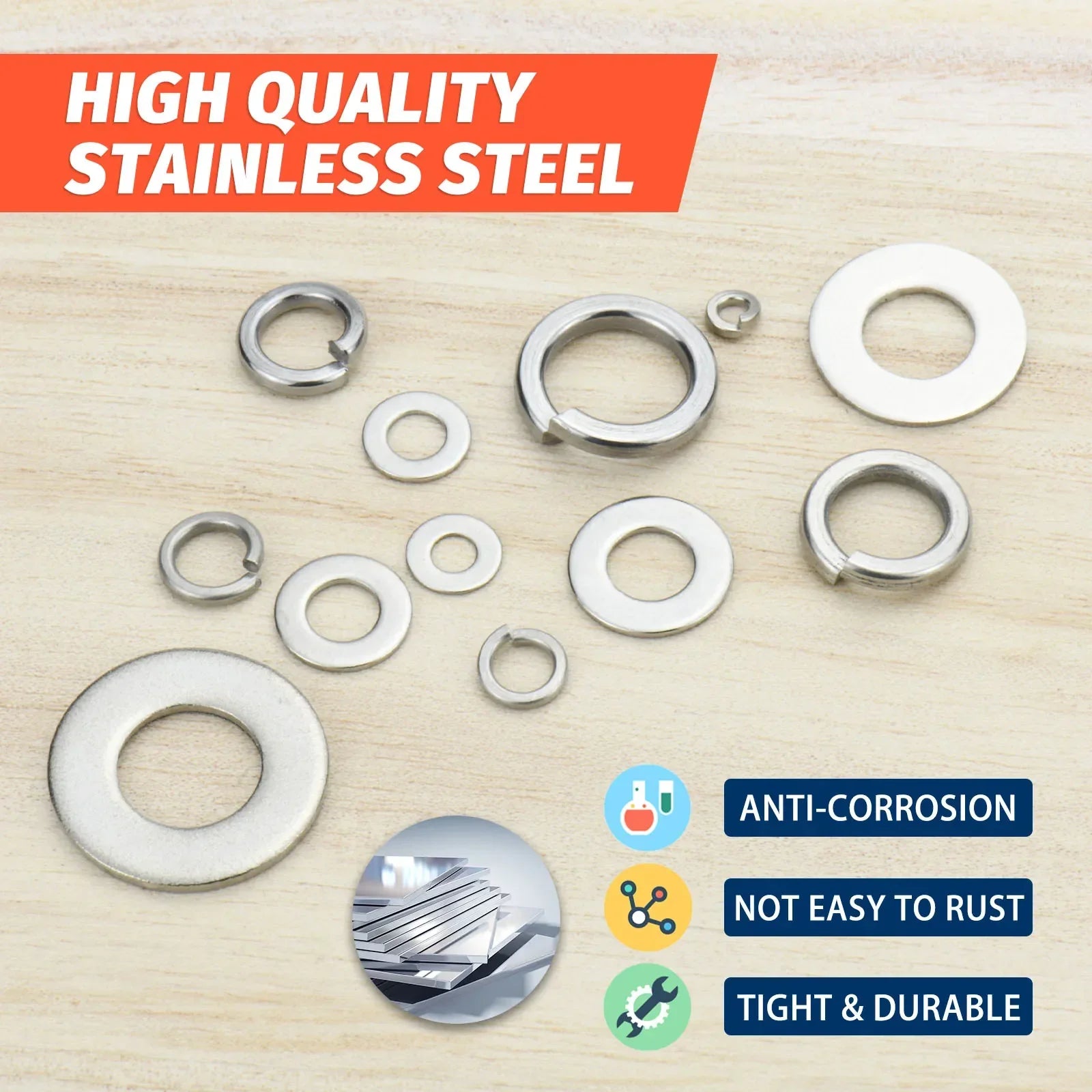 260pcs/95pcs Lock and Flat Washer Assortment Kit Stainless Steel M3 M4 M5 M6 M8 M10 Spring Lock Washers and Flat Washers Set