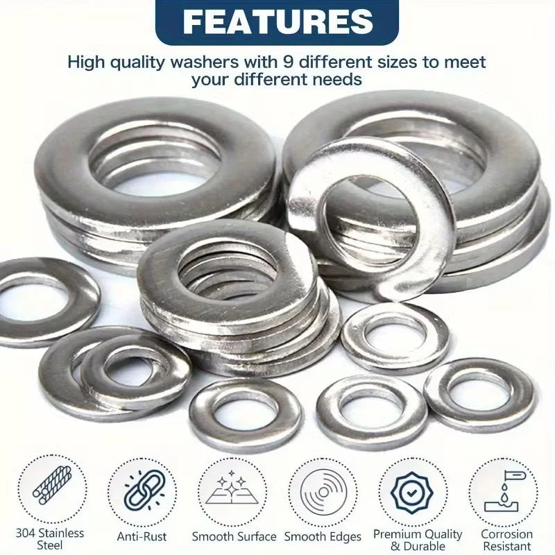 200/400pcs Stainless Steel Flat Washers Set (M2-M12) – Home DIY, Industrial Repair, Kitchen Decoration & Outdoor Maintenance