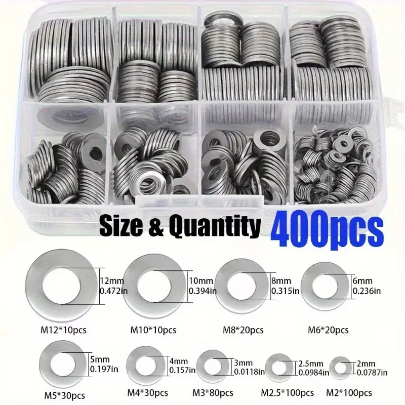 200/400pcs Stainless Steel Flat Washers Set (M2-M12) – Home DIY, Industrial Repair, Kitchen Decoration & Outdoor Maintenance