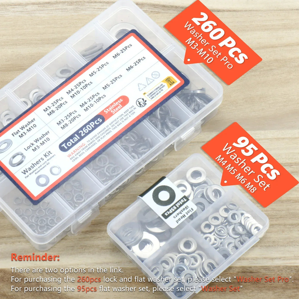 260pcs/95pcs Lock and Flat Washer Assortment Kit Stainless Steel M3 M4 M5 M6 M8 M10 Spring Lock Washers and Flat Washers Set