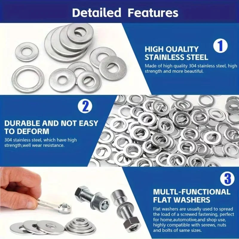 200/400pcs Stainless Steel Flat Washers Set (M2-M12) – Home DIY, Industrial Repair, Kitchen Decoration & Outdoor Maintenance