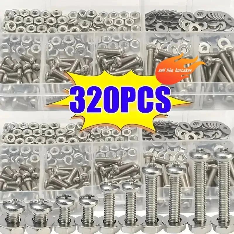 Hex Nuts and Bolt Set - 320 pieces, durable M2 M2.5 M3 M4 M5 metric size, universal hardware kit for DIY projects and repairs